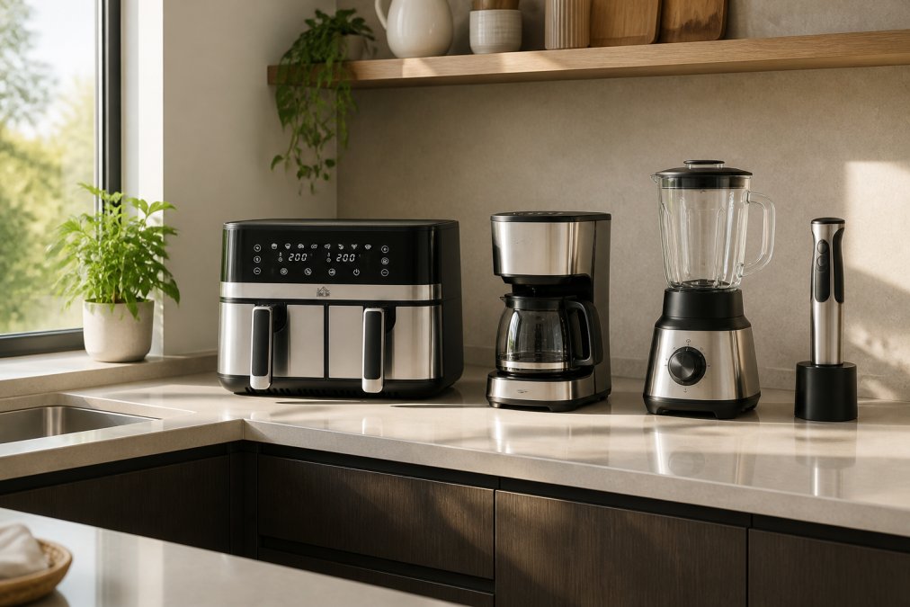 Modern kitchen with stylish, coordinated appliances arranged on countertops showing matching finishes and consistent design language, with natural morning light streaming through windows