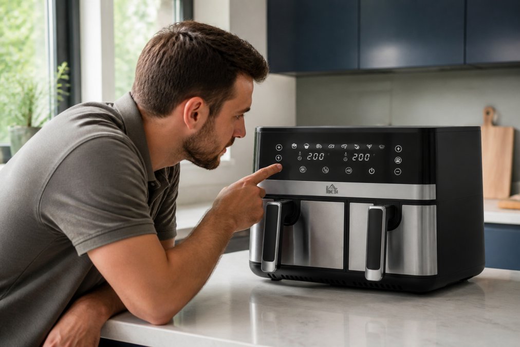 Person inspecting a modern kitchen appliance up close, examining build quality and control panel with natural kitchen lighting in the background