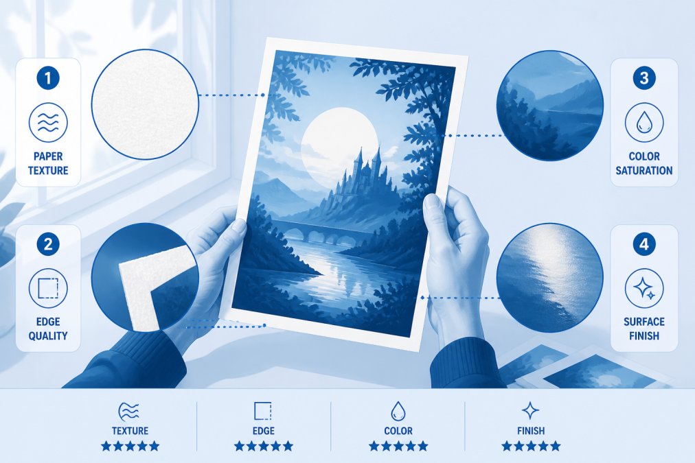 Hands holding and examining a high-quality art print under natural light, showing detailed inspection of paper texture, edge quality, color saturation, and surface finish