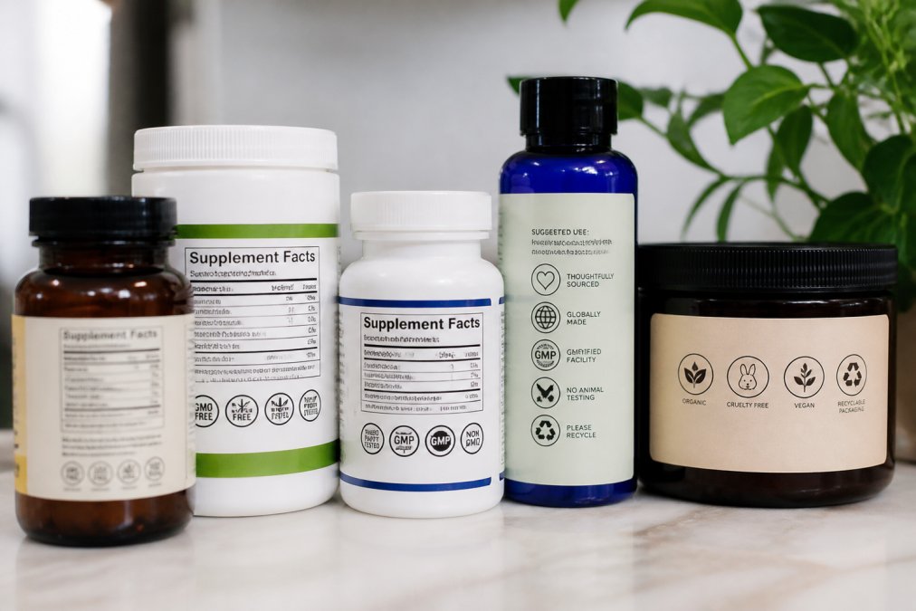 Close-up of product labels and certification badges on wellness supplements and personal care items arranged on a clean surface