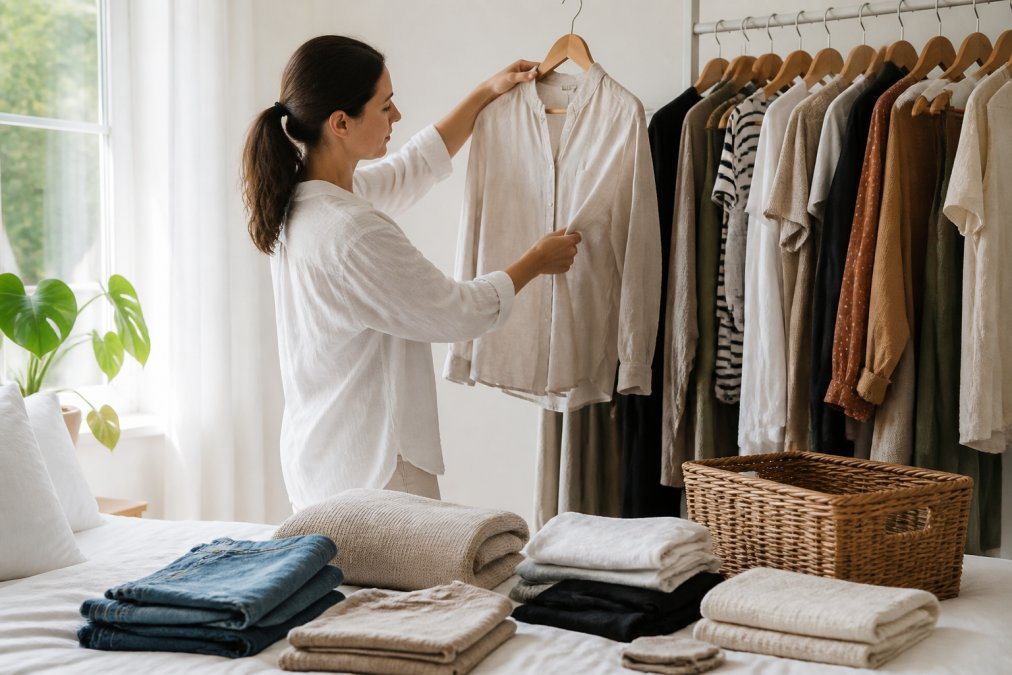 Woman sorting through a clothing rail and selecting a linen shirt in a bright, organized bedroom.