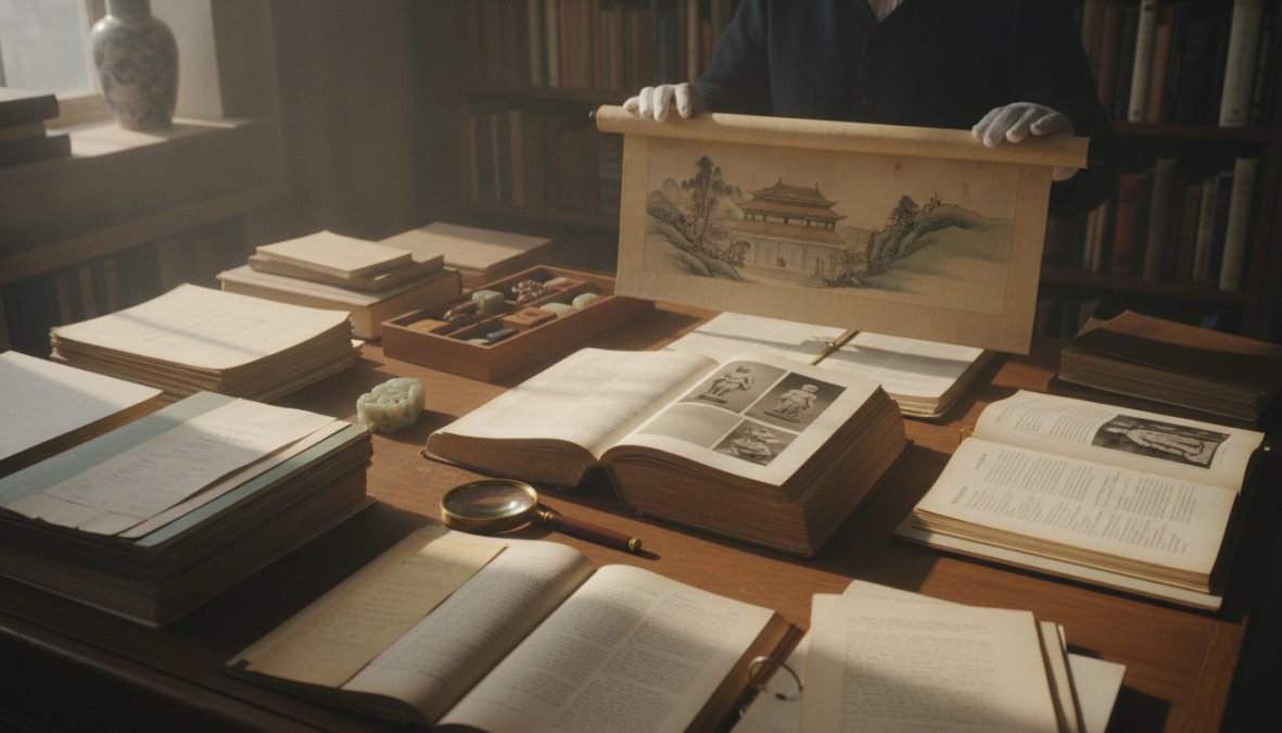 Curator examining a Southeast Asian stone sculpture with magnifying glass, archival documents spread across a wooden desk, natural museum lighting