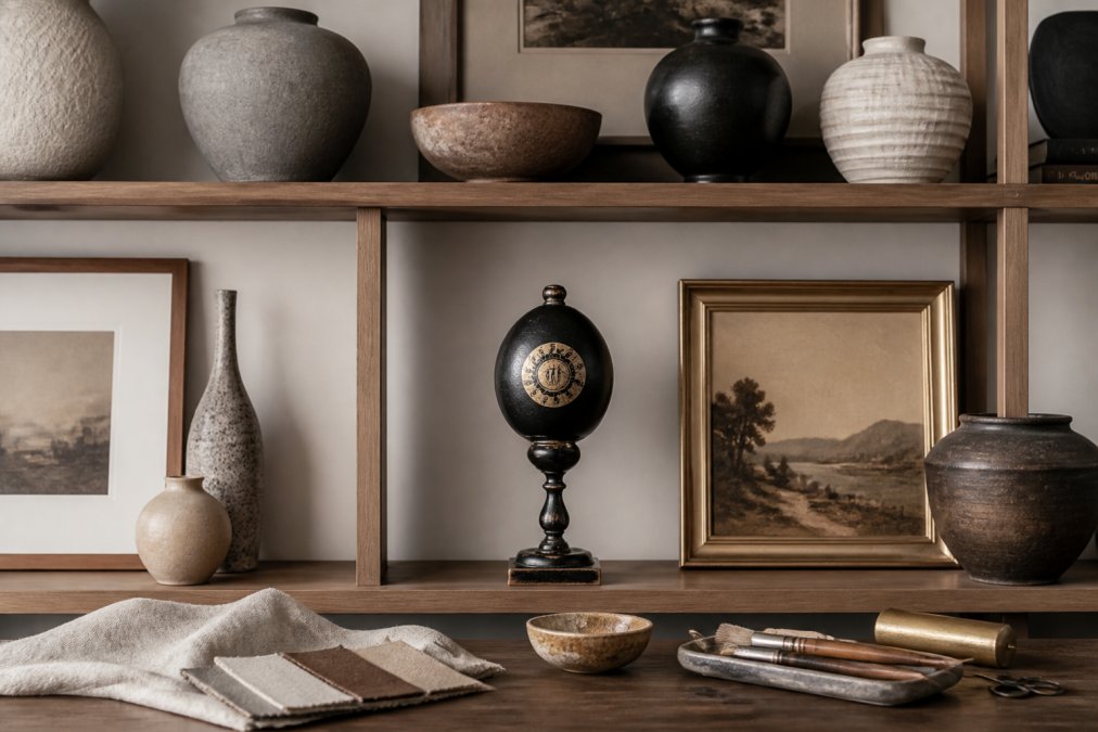 A carefully styled living room shelf displaying sculptural ceramic vessels, a mounted ostrich egg on a dark wood pedestal, vintage framed artwork, and artisanal pottery arranged with intentional negative space and varying heights creating visual balance and rhythm