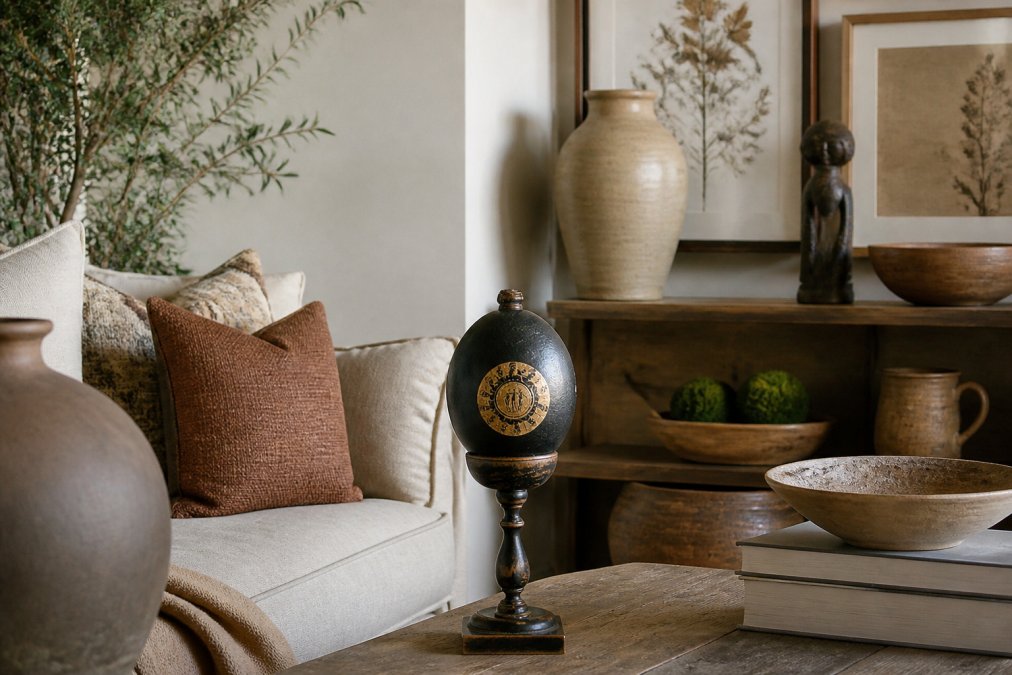 An elegant interior living space featuring a rich tapestry of textures, soft linen furnishings, layered throw pillows, handmade ceramic vessels, framed botanical artwork, and sculptural objects arranged on shelves and surfaces creating a cohesive, design-forward aesthetic with warm natural lighting
