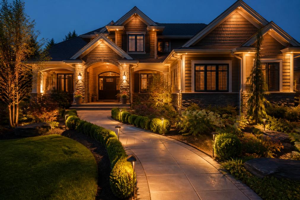 Residential home exterior at dusk with professionally installed landscape and architectural lighting highlighting the facade, illuminated pathway, and landscaping features creating warm welcoming ambiance