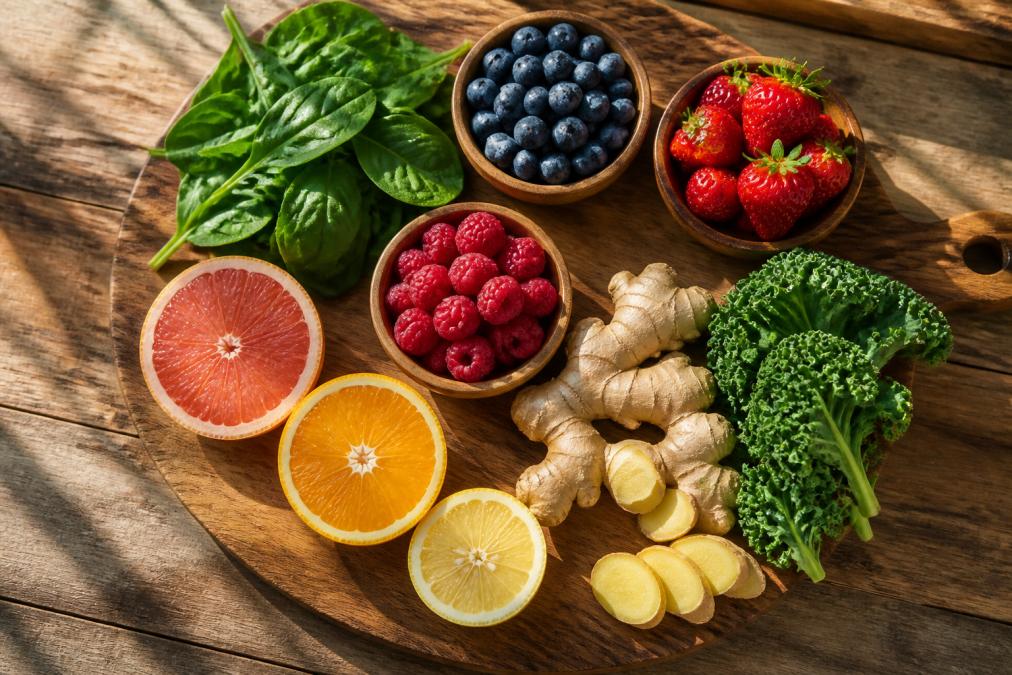 Overhead shot of fresh berries, leafy greens, citrus fruits, and ginger arranged on a wooden board with warm natural sunlight streaming across the arrangement