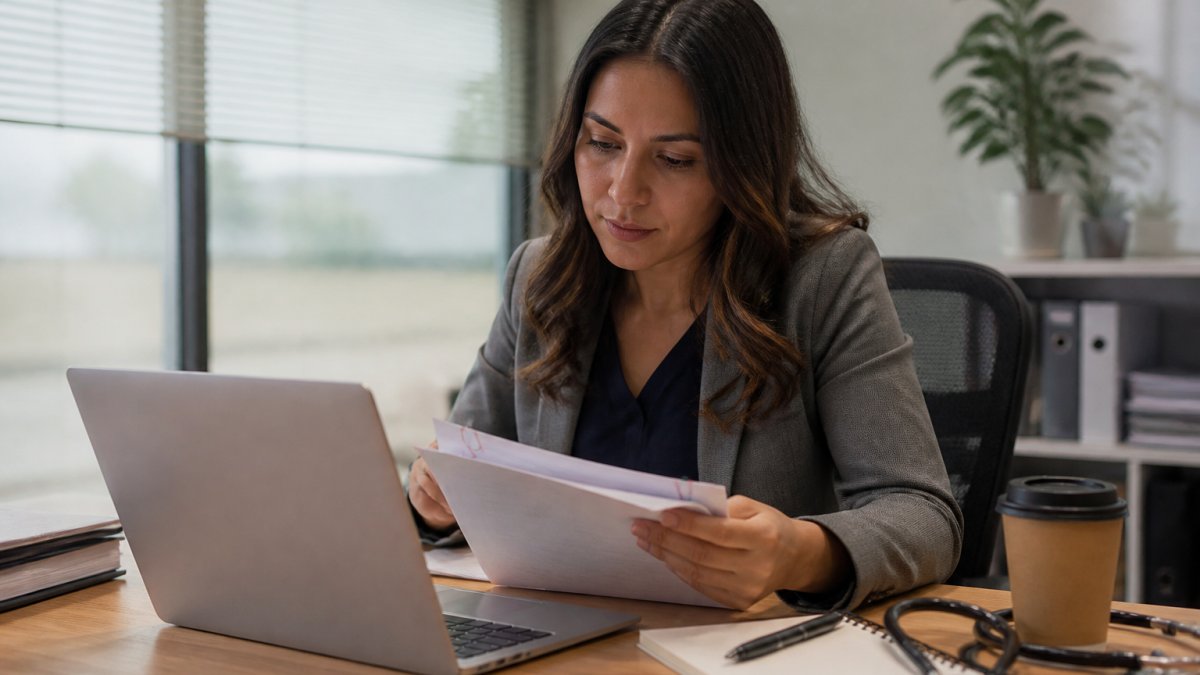 A billing specialist reviewing mental health insurance claims on a computer in a modern office, with a stethoscope and notepad on the desk beside a coffee cup, soft daylight from a window