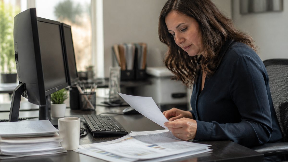 Practice manager at desk reviewing financial reports and billing documents with focused expression, modern office setting with multiple monitors displaying practice data and charts