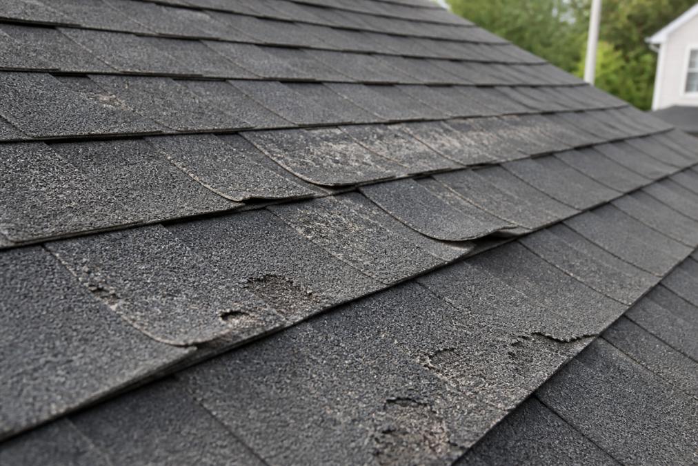 Close-up of asphalt roof shingles showing curling, clawing, and granule loss damage with visible wear patterns and lifted edges