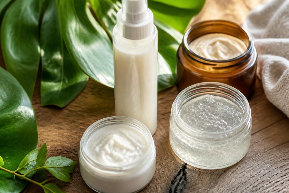 Bovenaanzicht van een verzameling haarverzorgingsproducten, waaronder een leave-in conditioner, stylinggel en haarmasker in glazen potjes, op een houten ondergrond met verse groene bladeren als decoratie, zachte daglichtverlichting