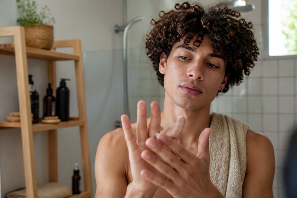 Close-up of a person with defined curly hair emulsifying a small amount of hair paste between their fingertips, bathroom setting with natural light