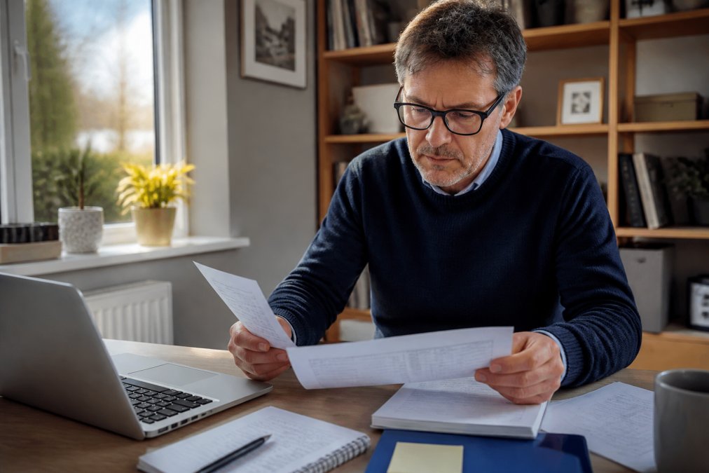 Professional landlord reviewing property documents and rental statements at a desk with a laptop in a modern home office, natural light streaming through window