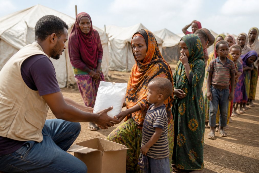 Humanitarian aid worker distributing food and water supplies to displaced families in a makeshift camp setting with tents and children waiting in line