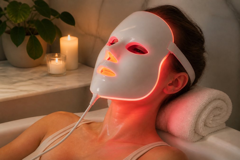 Close-up van een persoon die een LED-gezichtsmasker draagt in een badkamer met zacht licht, ontspannen sfeer, glanzende huid zichtbaar
