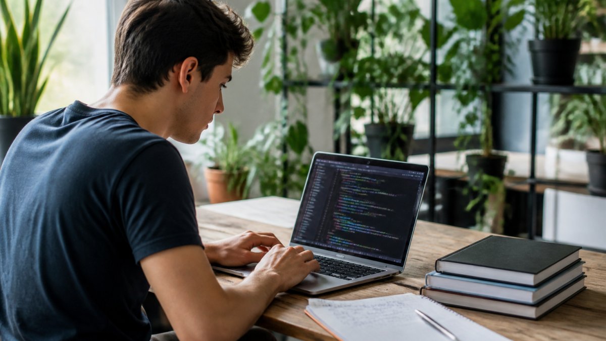 Estudiante trabajando en una computadora portátil con código Python visible en la pantalla, en un espacio de estudio moderno con plantas y luz natural