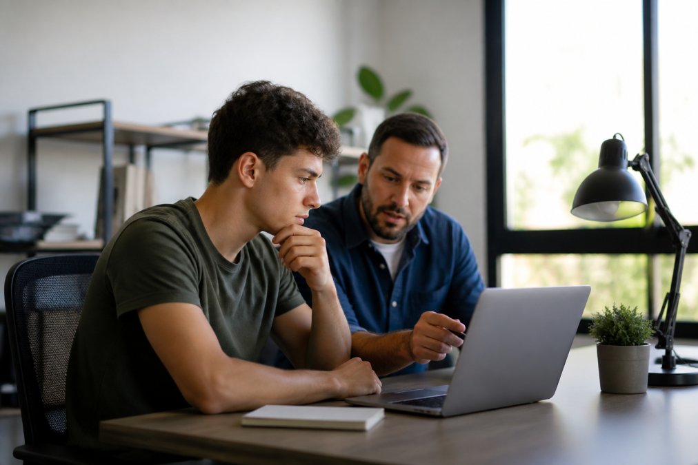Estudiante joven sentado frente a un portátil recibiendo feedback de un mentor o tutor personal en un entorno de oficina moderno y bien iluminado