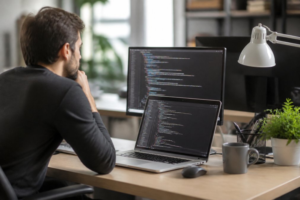 Persona trabajando en un proyecto de desarrollo de software en su escritorio, con múltiples monitores mostrando código y un ambiente de trabajo profesional