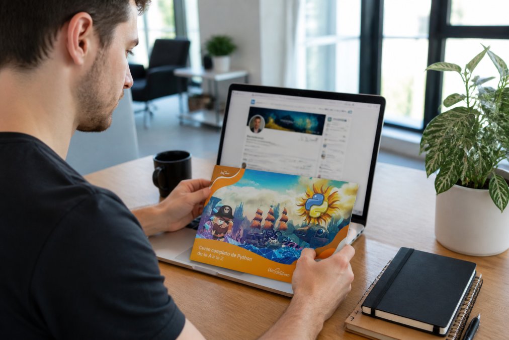 Un profesional joven sentado en un escritorio moderno revisando su perfil de LinkedIn en una computadora portátil, con certificados digitales visibles en la pantalla, en una oficina luminosa con plantas