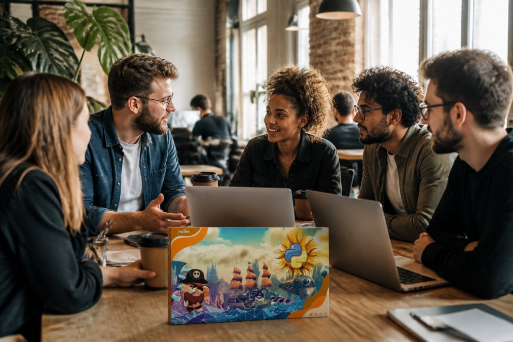 Un equipo diverso de desarrolladores colaborando en una mesa con laptops, código visible en pantallas, tomando café en un ambiente de startup moderno y creativo