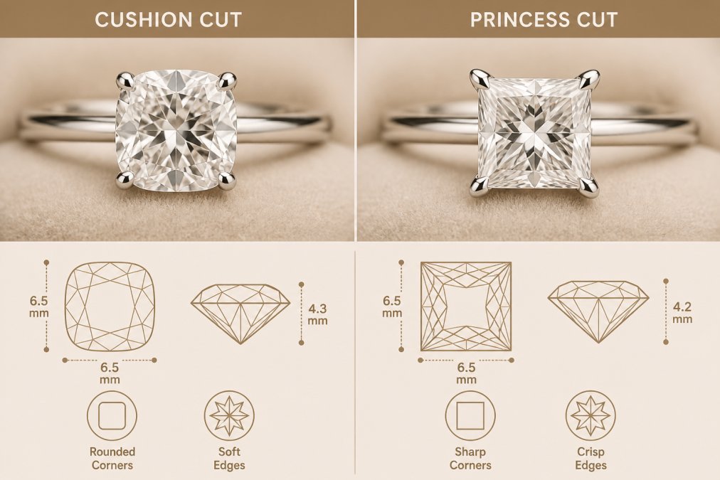 Side-by-side macro photograph of a cushion cut diamond and a princess cut diamond set in platinum rings on a soft velvet surface, showing the contrast between rounded and square corners