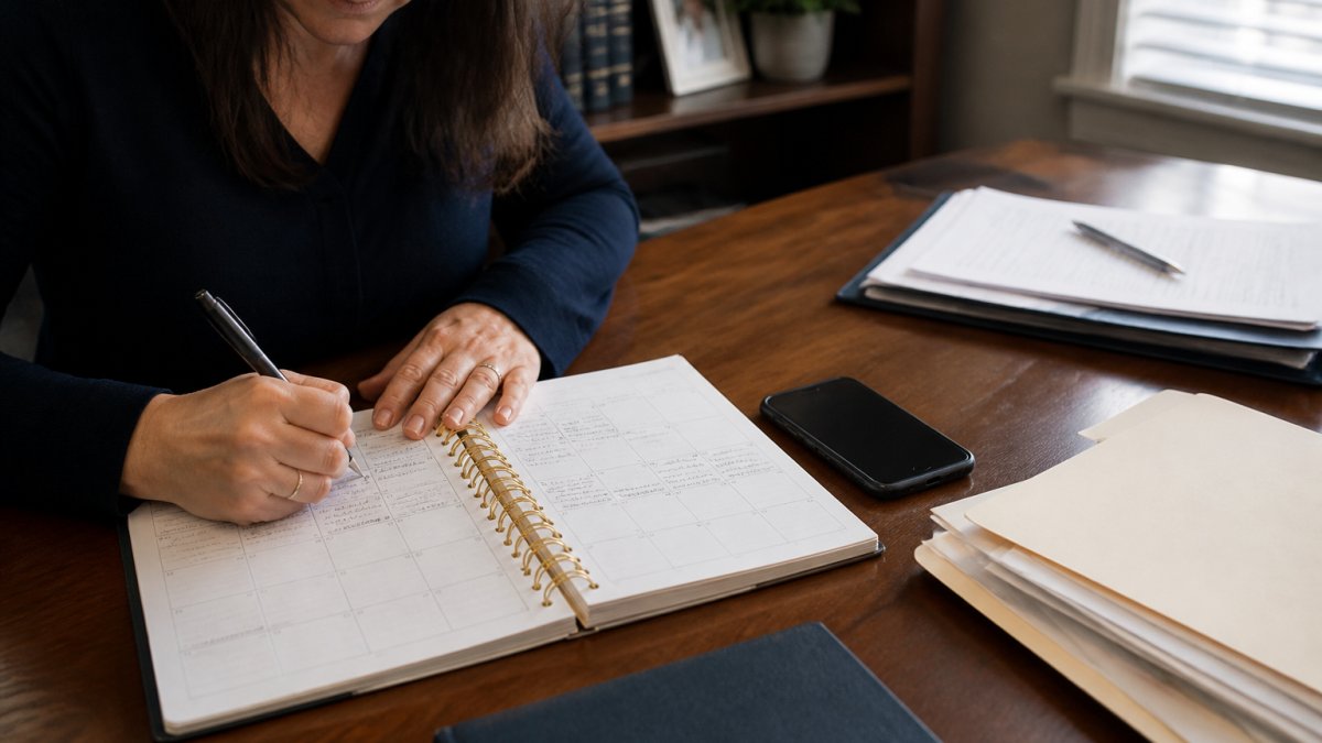 Parent documenting missed parenting time on a calendar and smartphone with notes and dates visible, sitting at a desk with legal documents nearby