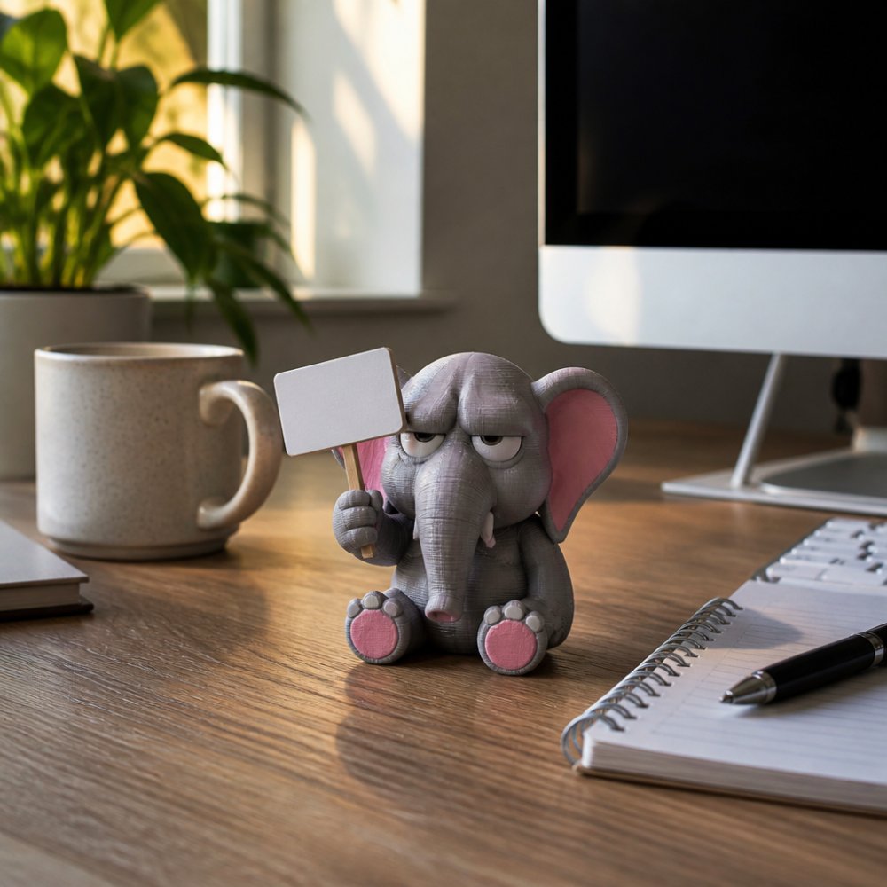 Close-up photo of a colorful 3D printed grumpy elephant desk buddy holding a small sarcastic sign, sitting on a modern office desk next to a computer monitor, coffee mug, and notebook in warm afternoon light