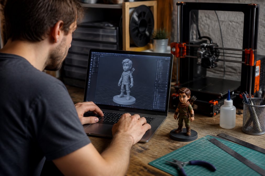 A person sitting at a desk with a laptop showing 3D modeling software, a 3D printer in the background, and a finished custom figurine on the desk