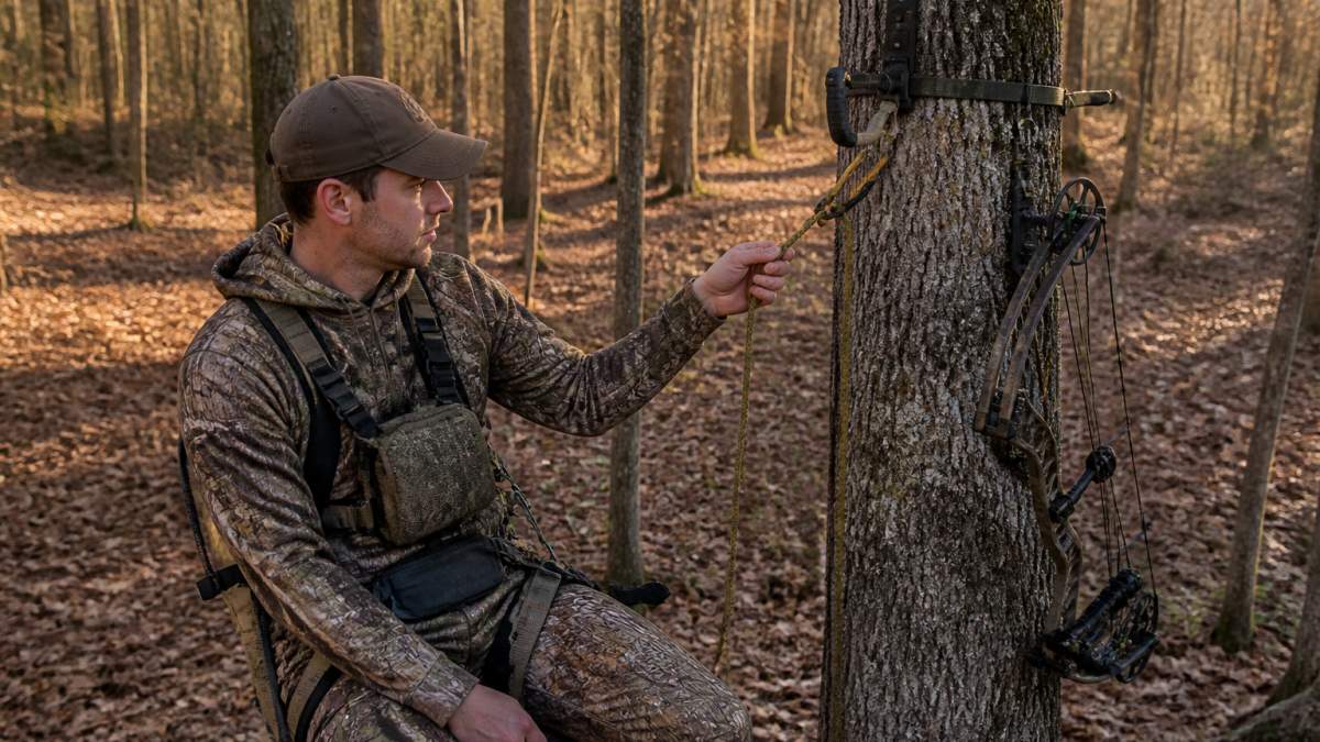 A hunter in a tree saddle at ground level, holding a tether rope with a printed clip attached, with a bow hanger and gear hook visible on the tree, early morning light in a hardwood forest