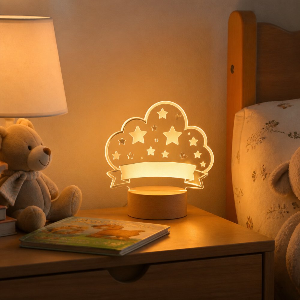 A warm, softly lit bedside table in a child's bedroom with a glowing acrylic LED name lamp casting a gentle amber light across the room, next to a storybook and a small toy