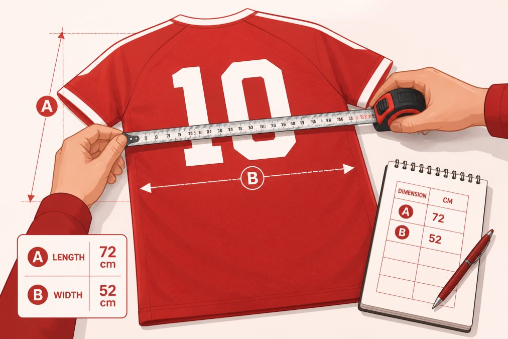 Close-up of hands holding a steel tape measure against a sports jersey laid flat on a white surface, with measurement markings visible and a notebook showing recorded dimensions nearby