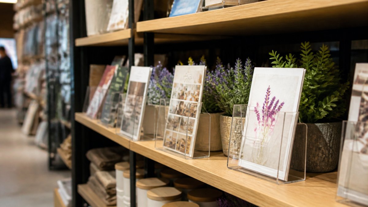 Close-up of retail shelving displaying multiple clear acrylic leanback holders with promotional cards and product information in a busy high street shop environment