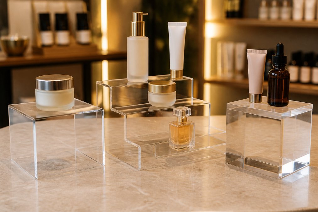 Close-up of three different acrylic display stands, a clear riser, a tiered bridge, and a solid plinth, arranged on a retail countertop with branded cosmetic products displayed at varying heights, showing transparent acrylic construction and professional presentation under warm retail lighting