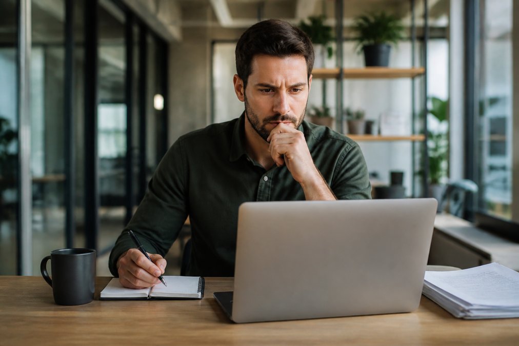 Business owner reviewing options on laptop with notepad and pen, appearing thoughtful while making decision in professional office setting with natural lighting