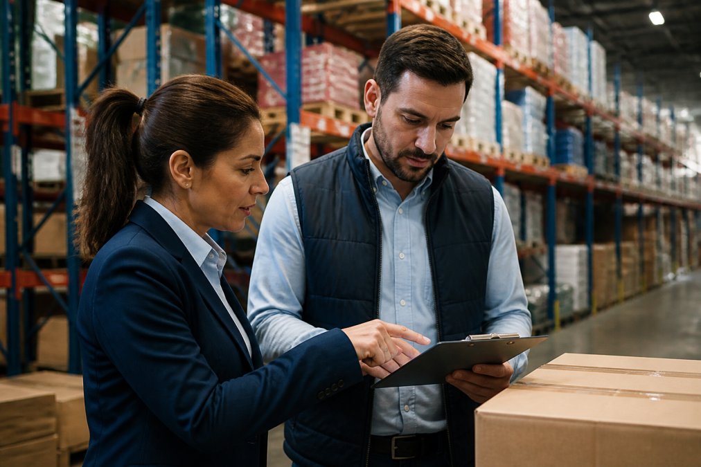 Operations manager and AI developer reviewing inventory dashboards for custom AI development for ecommerce.
