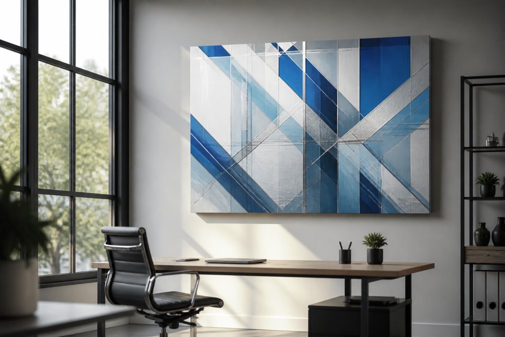 Modern office workspace with minimalist desk, natural light streaming through windows, and a large abstract AI-generated canvas print in geometric blues and silvers mounted on the wall above the desk