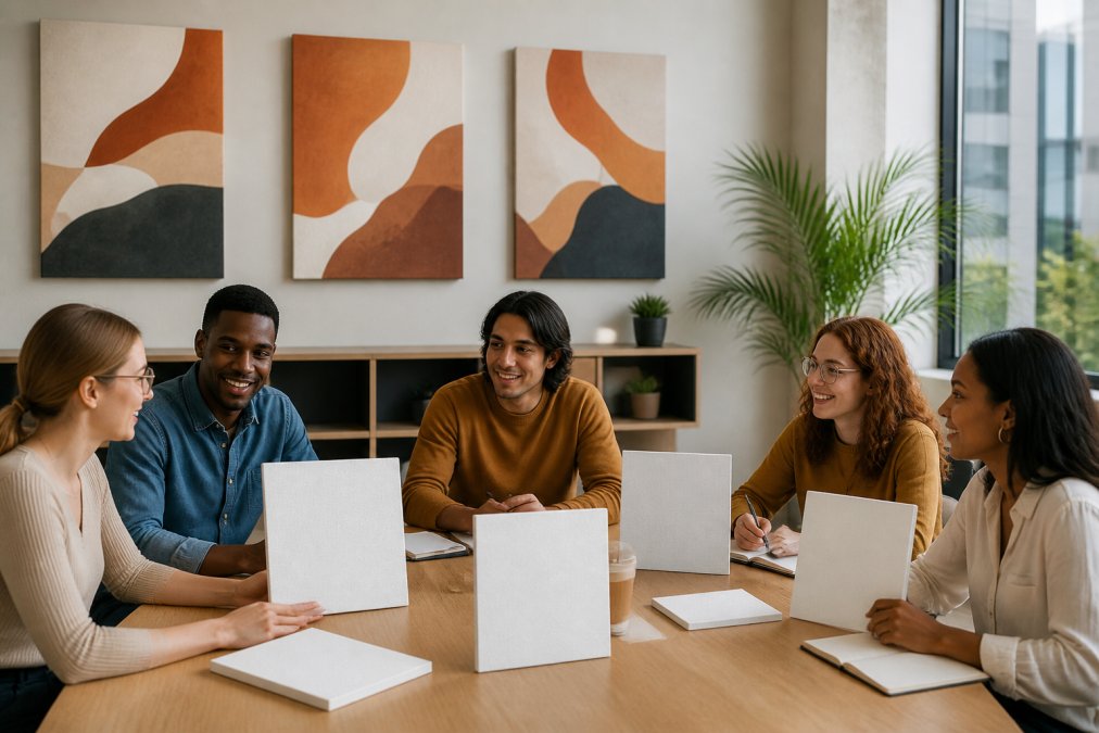 Team of diverse professionals collaborating at a large table in a bright, modern office with motivational AI-generated abstract canvas prints in warm earth tones mounted on the walls, natural light from floor-to-ceiling windows, engaged in discussion