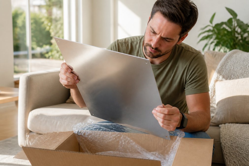Homeowner carefully unboxing a custom aluminum sign in bright natural light, closely inspecting the product surface for dents, scratches, or visible damage upon arrival