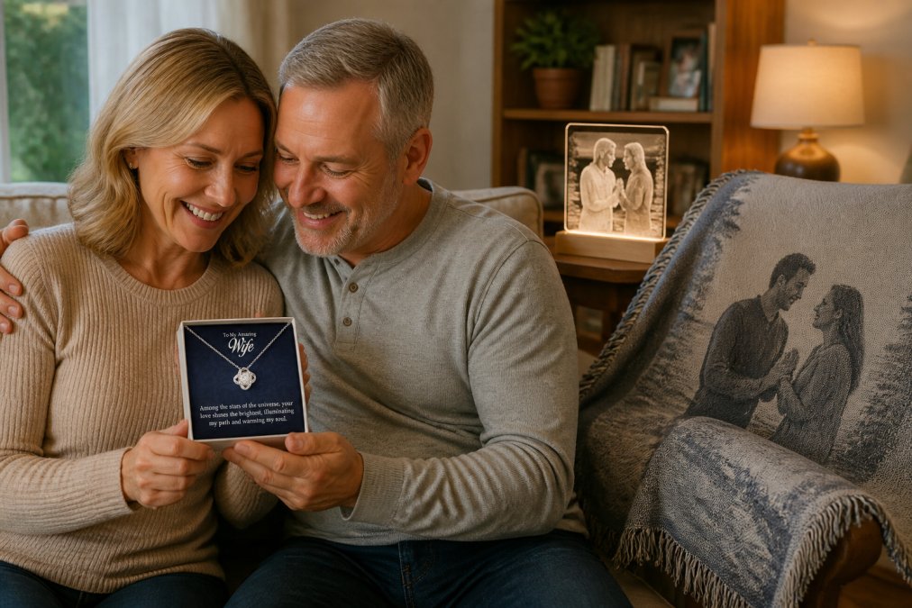A couple in their living room displaying personalized keepsakes together, an LED acrylic plaque on a wooden base showing a meaningful photo and an engraved woven blanket draped over a chair, warm home lighting