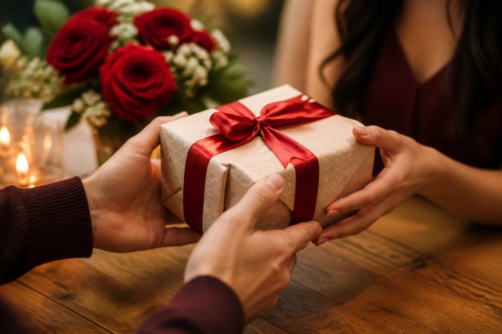 Close-up of a couple's hands exchanging a beautifully wrapped personalized gift box with soft romantic lighting and fresh roses in the background