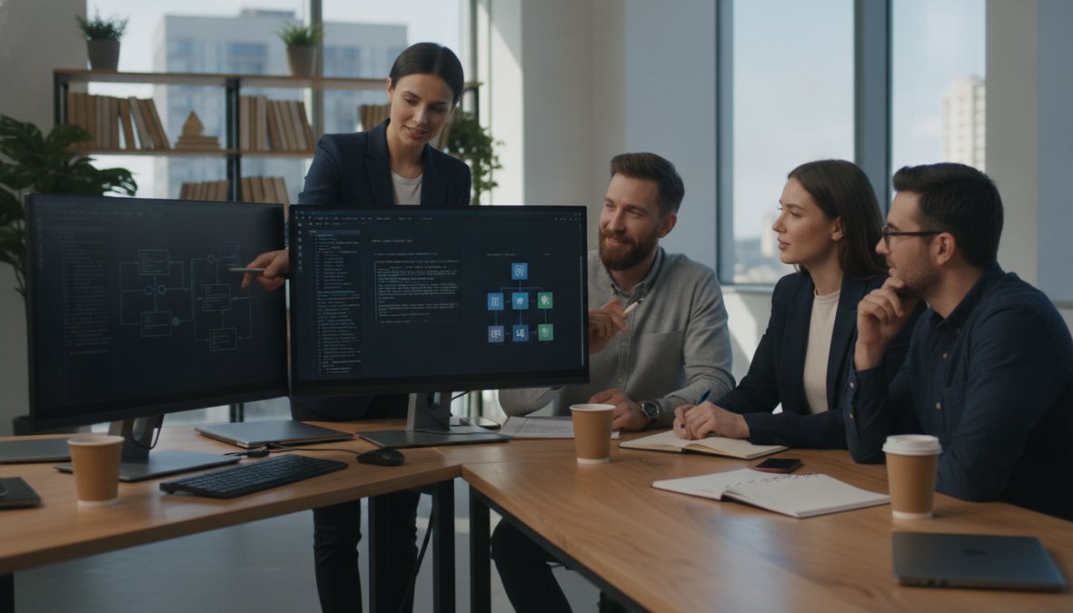 Software development team collaborating at desks with multiple monitors displaying code and system architecture diagrams in a modern office environment with natural lighting