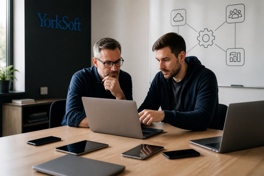 Business owner and developer reviewing a complex API integration architecture on a whiteboard in a modern office