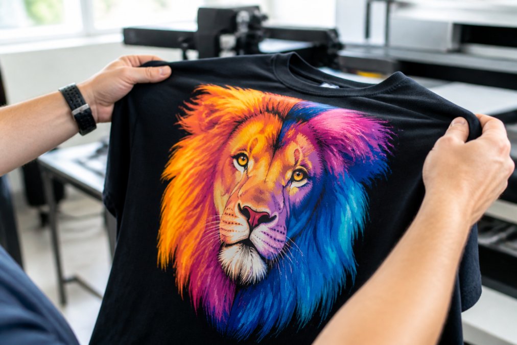 Close-up of hands holding a custom DTF-printed shirt showing vibrant full-color design detail and print clarity on soft cotton fabric in natural daylight