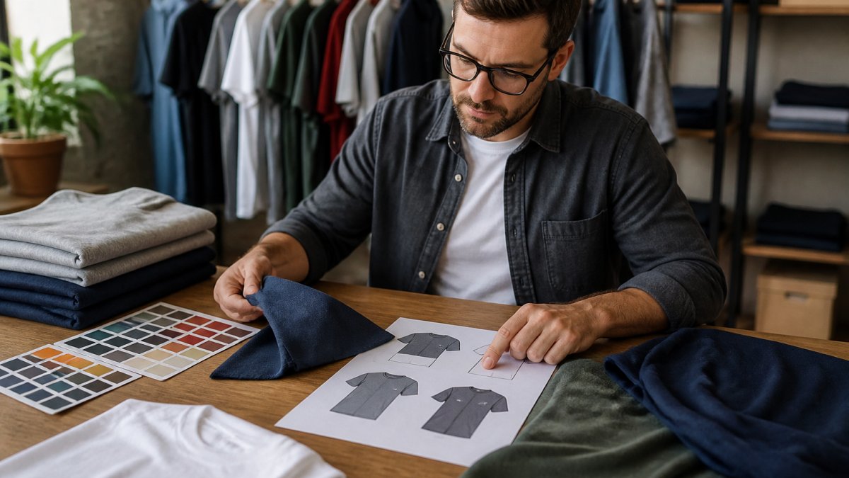 Small business owner reviewing custom apparel samples and design mockups on a work table, examining fabric quality and print details with natural office lighting