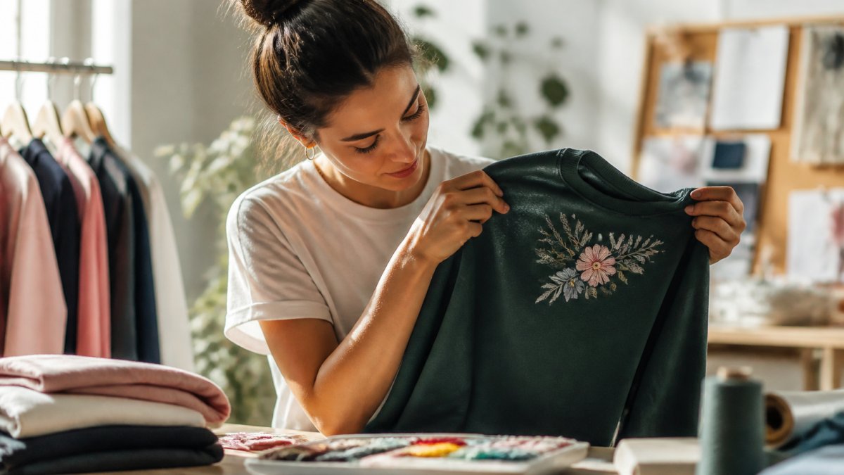 Woman holding up a finished custom apparel piece, examining the embroidered design detail closely with natural lighting in a bright studio setting