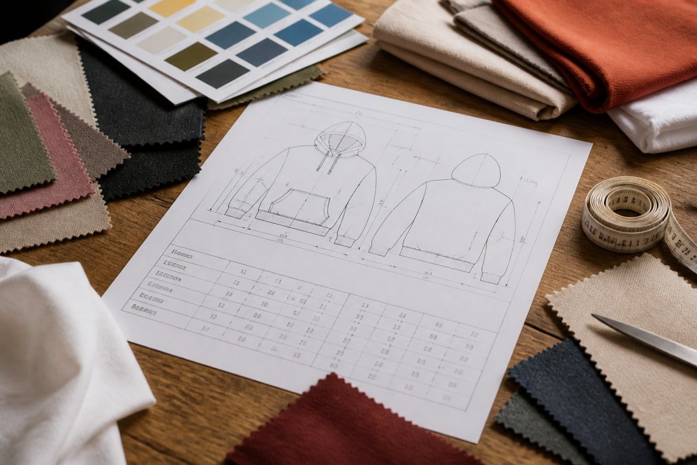A designer's wooden desk cluttered with a printed tech pack showing detailed garment measurements and flat sketches, surrounded by fabric swatches in various colors and a measuring tape