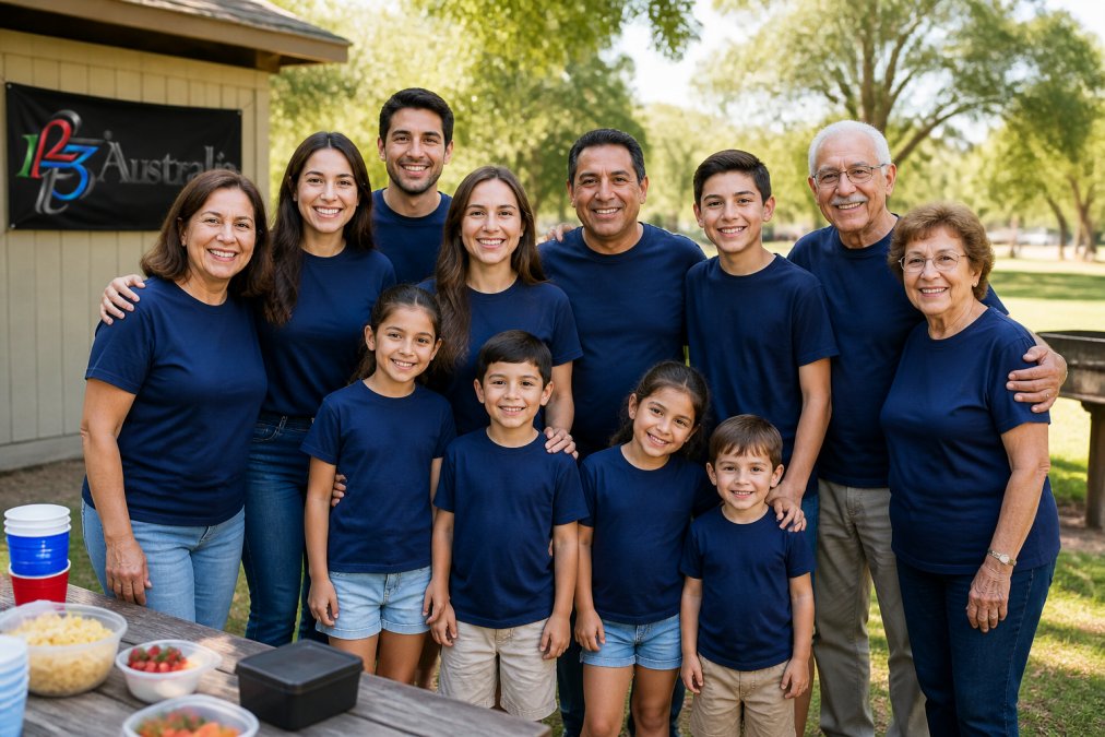 A multigenerational family group wearing matching custom reunion shirts, smiling outdoors in a sunny park setting, with grandparents, parents, teenagers and young children standing together near a picnic table