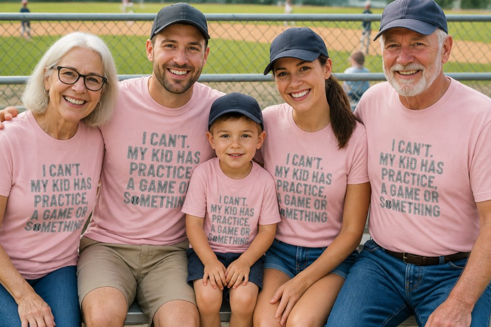 Multi-generational family wearing matching custom printed sports tees in the bleachers during a youth baseball game, showing different sizes from toddler to adult, with team colors and personalized names visible on each shirt, bright natural stadium lighting