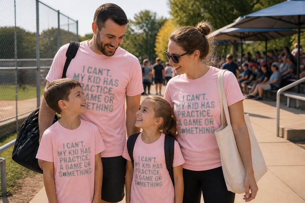 Parents and children in coordinated game day outfits at a tournament venue, mixing custom team apparel with casual accessories like tote bags and hoodies, showing how to style beyond just the printed shirt with natural outdoor lighting