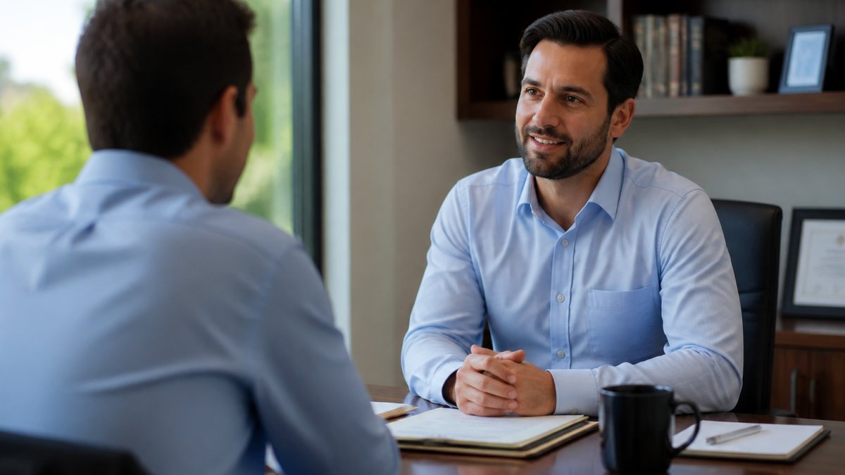 Professional financial advisor wearing branded business shirt with embroidered company logo, sitting across from client at desk in modern office setting with natural lighting, both appearing engaged in discussion