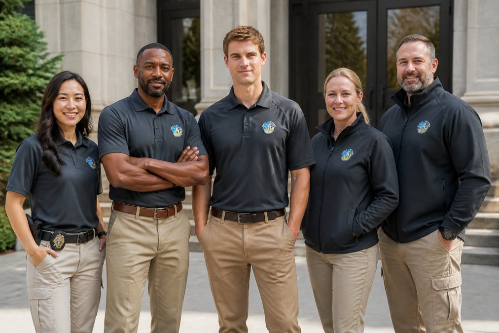 A diverse group of government agency staff wearing matching branded navy polo shirts and soft shell jackets with embroidered agency logos, standing in front of a municipal building entrance on a bright afternoon